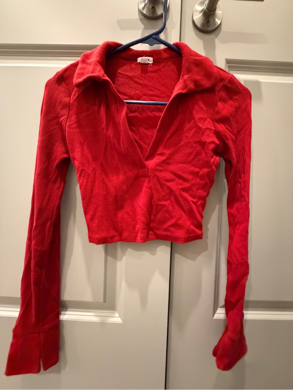 Garage Red Long-Sleeve Cropped Collared Top